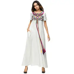 2019 Для женщин Винтаж вышивка кисточкой boho Белый мусульманское платье макси Повседневное элегантное женское вечернее платье Летний