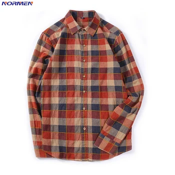 

NORMEN Men's Fashion Plaid Shirts Full Sleeve Turn Down Collar 100% Cotton Business Shirts Men Slim Fit Streetwear Social Shirts
