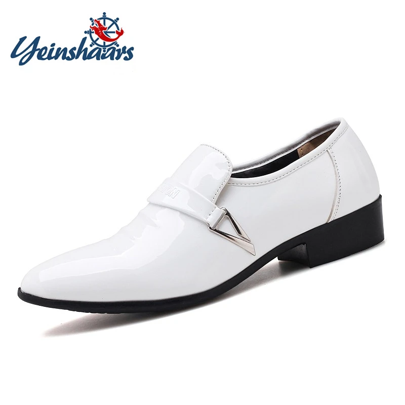 

YEINSHAARS Design Mens Patent Leather Shoes White Black Formal Men Dress Shoe For Wedding Party Buckle Business Oxfords