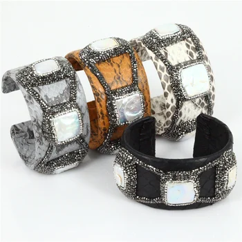 

Original luxury design black grey orange white leather natural square pearls charms rhinestone adjustable open bangles for women