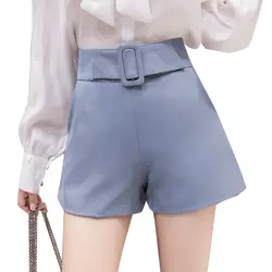 Лето 2019 г. Корейская Высокая талия шорты для женщин для элегантные обтягивающие женские шифон поясом линии короткие feminino синий розовый