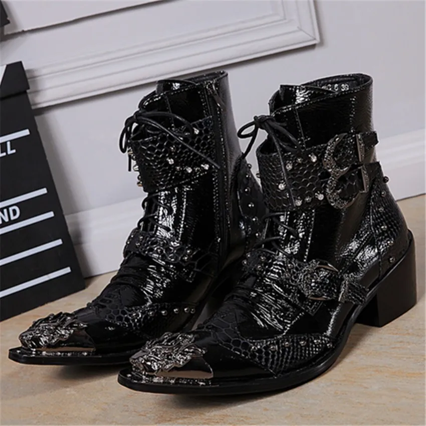 Черные мужские ботинки на Batzuzhi-6CM каблуке красивые сапоги в стиле панк мотоботы на шнуровке с острым носком и металлической пряжкой EU38-46