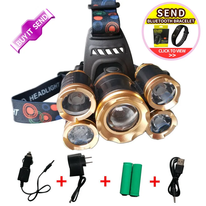 

T6+XPE LED Head Lamp 20000 lm Zoom able Headlamp 5 led Headlight Tube Torch LED Flashlight Car Charger 18650 Batteries EU/US/84