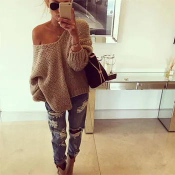 

Women Casual Long Sleeve V Neck Knitted Pullover Loose Sweater Jumper Tops Knitwear High Quality