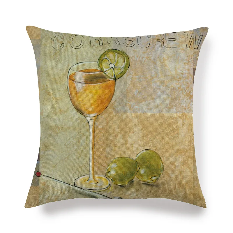 Summer Fruit Goblet Drink Pattern Cushion Cover Lemon Strawberry English Nostalgic Pillow Case Watercolor Square Chataccessories