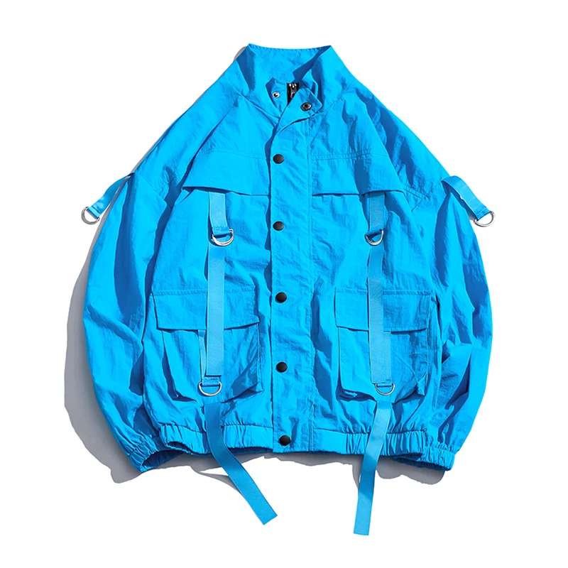 Мужская летняя уличная куртка-бомбер, повседневная мужская ветровка в стиле хип-хоп с карманами и лентами, тонкая куртка в Харадзюку мужские куртки
