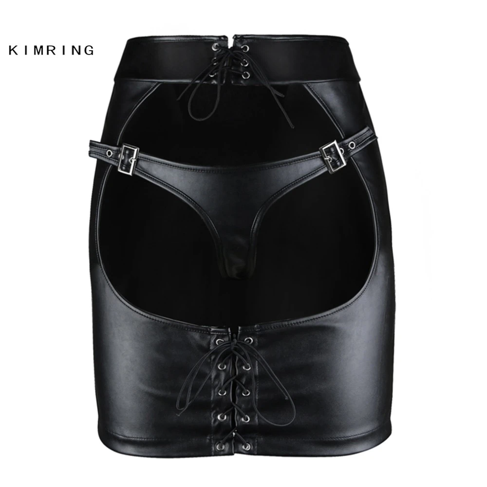 Kimring Gothic Leather Skirt Big Ass Open Butt Clubwear Mini Skirt Sexy Tight Hip Skirt Skirts
