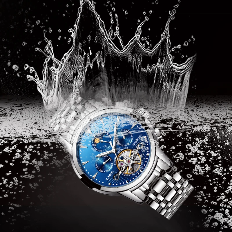 

LIGE Mens Watches Top Brand Luxury Men Business Full Steel Mechanical Tourbillon Waterproof Watch Men's Relogio Masculino + Box