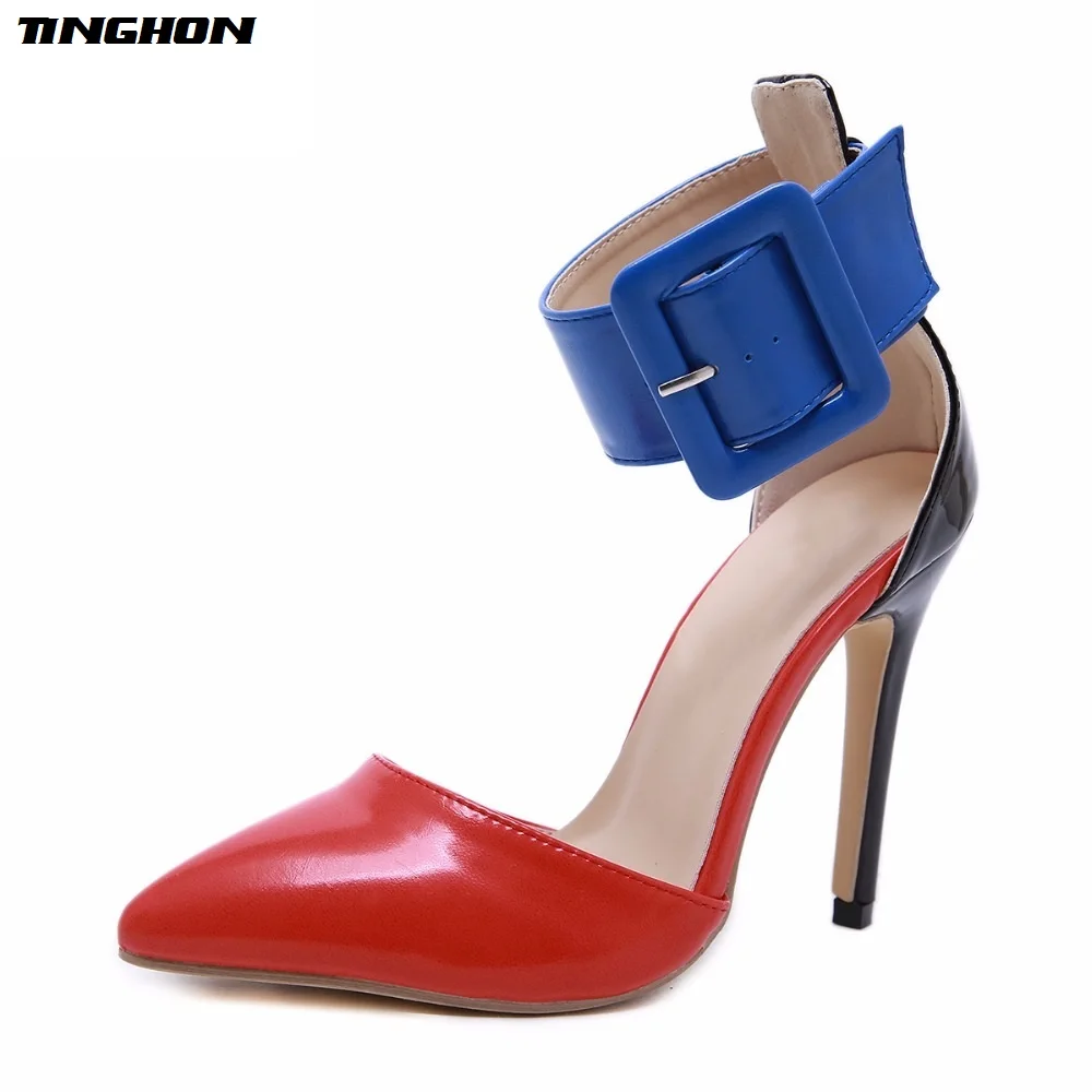 

TINGHON Mature PU Sandals Women Thin High Cover Heel Pointed Toe Buckle Strap Women Shoes Party Daily Black Red Blue 35-40