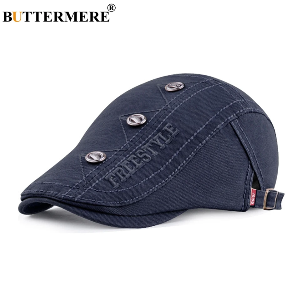 

BUTTERMERE 100% Cotton Flat Cap Men Navy Blue Embroidery Beret Hats Male Letter Decorate Adjustable Summer Vintage Duckbill Cap