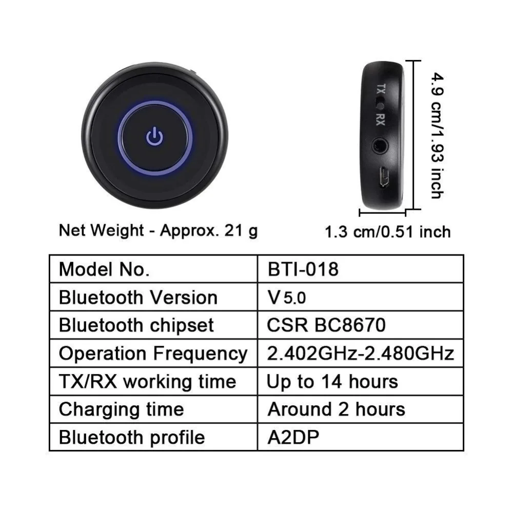 Комплект громкой связи Bluetooth V5.0 аудио передатчик приемник 2-в-1 с APTX с низкой задержкой, Беспроводной Aux адаптер для домашней стереосистеме ТВ наушников