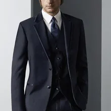 Изготовленные На Заказ высококачественные темно-синие мужские костюмы из 4 предметов в западном стиле, свадебные смокинги для жениха(куртка+ брюки+ жилет+ галстук