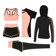 Для женщин 5 шт Набор для йоги Фитнес одежда спортивная футболка для бега длинные штаны, облегающие, для пробежки тренировки Леггинсы для йоги спортивные костюм