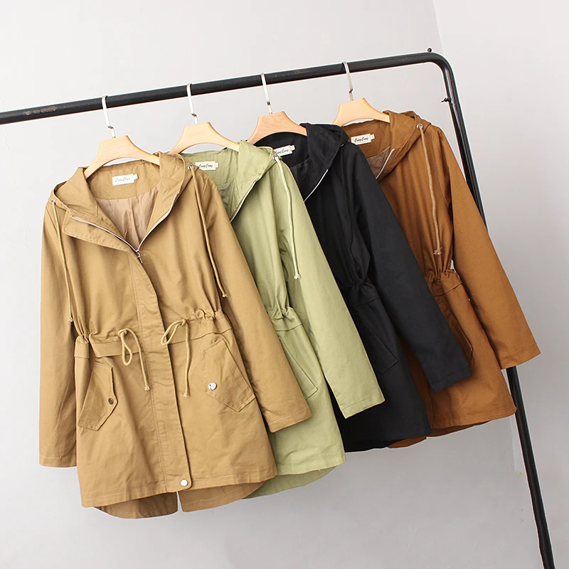 

2019 New Women Summer Solid color large size Drawstring lacing long-sleeved hooded zipper jacket Womens clothing Overcoat W580