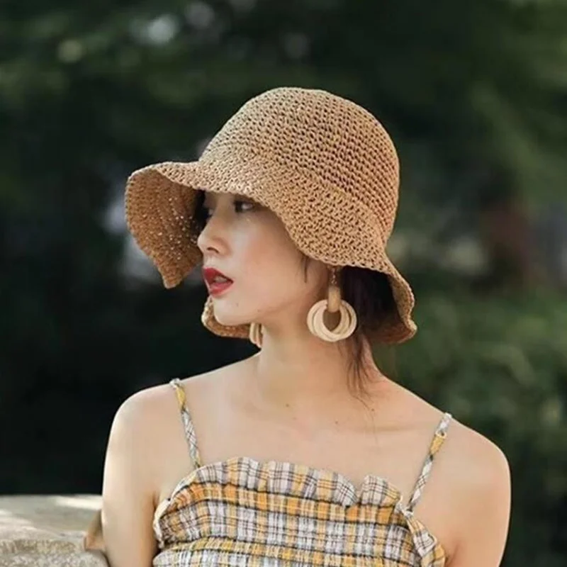 Floppy Summer Big Brim Hats For Women Beach Panama Straw Dome Bow Bucket Hat Female Gorras Solid Colors H3