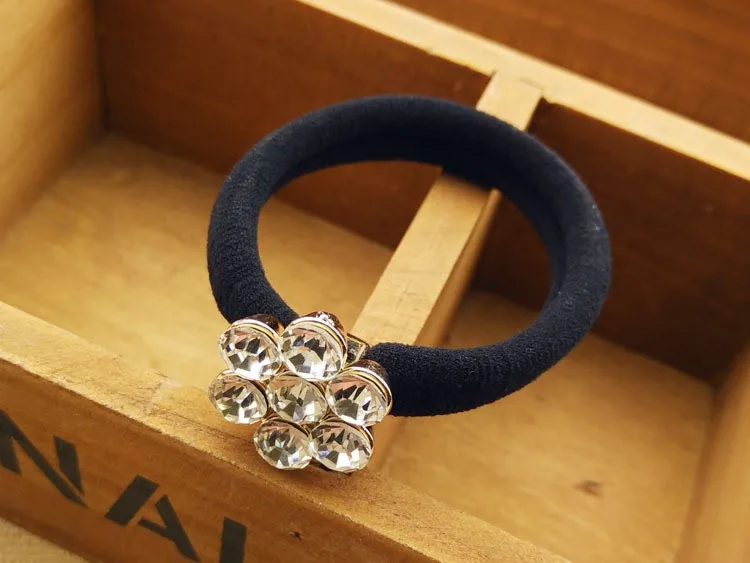 2pcs Rhinestones Flowers Gold Plated Black Elastic Ponytail Holders Hair Accessories For Girl Women Rubber Band Tie Gum