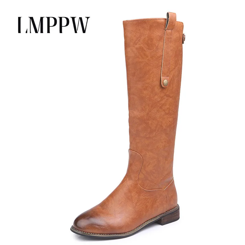 

Large Size 35-43 Women Boots Flat Bottom Zipper Soft Pu Leather Knee-high Boots New Fashion Motorcycle Boots Women Casual Shoes