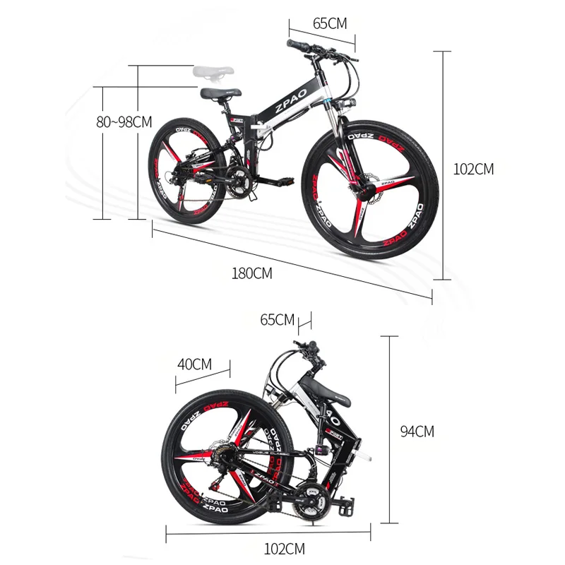 ZPAO 26 Inch Folding Electric Bicycle, 48V 10.4Ah Lithium Battery, 350W Mountain Bike, 5 Grade Pedal Assist, Suspension Fork