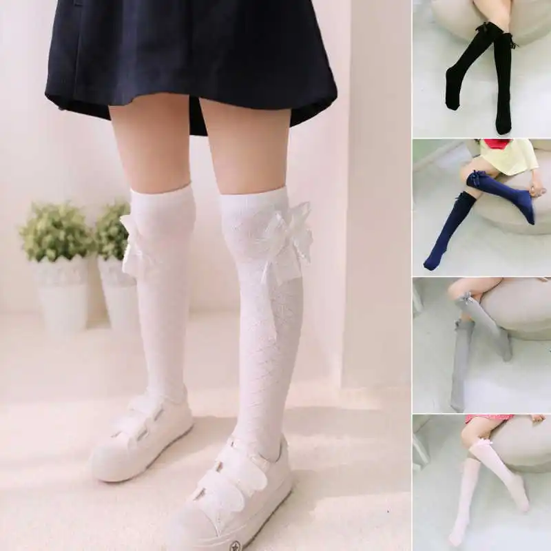 

Baby Kid Girls Knee High Long Socks Princess Lace Bow Tie Patchwork Solid Color