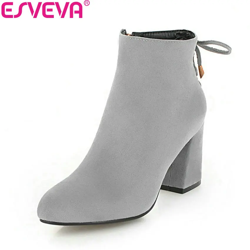 

ESVEVA 2019 Women Shoes Western Style Zipper Ankle Boots Hoof Heels Pointed Toe Winter Boots High Heels Woman Shoes Size 34-43