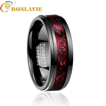 

New 2018 Wedding Brand Bijoux Man's Jewelry Ring Electroplated Black Inlaid Red Opal Paper Black Dragon Tread Step Tungsten Ring