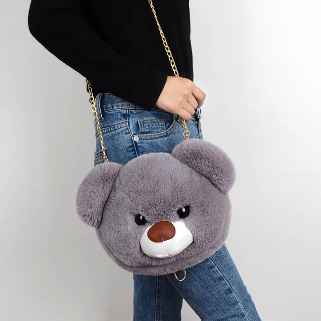15 цветов милый плюшевый медведь рюкзаки Медведь голова сумка-мессенджер медведи сумка на одно плечо для женщин меховая сумка с цепочками меховая сумка