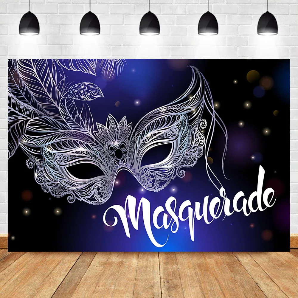 

Neoback Silver Mask Birthday Party Photography Backdrops Masquerade Purple Glitter Bokeh Background for Photo