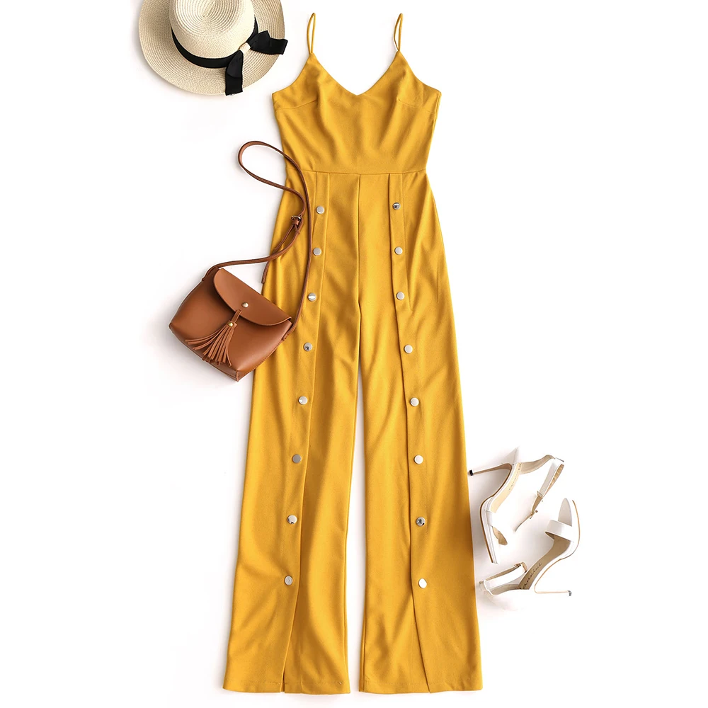 Kenancy Women Wide Leg Slip Jumpsuit Yellow Snap Button V Neck