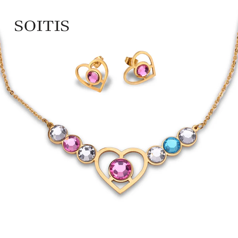 

SOITIS Unique Rhinestone Heart Shape Jewelry Sets Multicolor Pendant Earrings Stainless Steel Jewelry Gold Color Necklace Chain