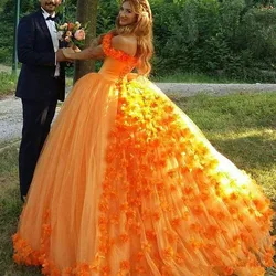2019 Tulle Quinceanera Dresses Ball Gown Organge 3D Handmake Flowers Off Shoulder Girl's Sweet 16 Dresses vestidos de 15 anos 2019 Tulle Quinceanera Dresses Ball Gown Organge 3D Handmake Flowers Off Shoulder Girl's Sweet 16 Dresses vestidos de 15 anos
