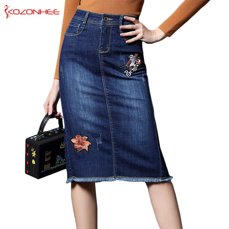 Buy Plus Size Stretch Embroidery Denim Skirts With High Waist elasticity