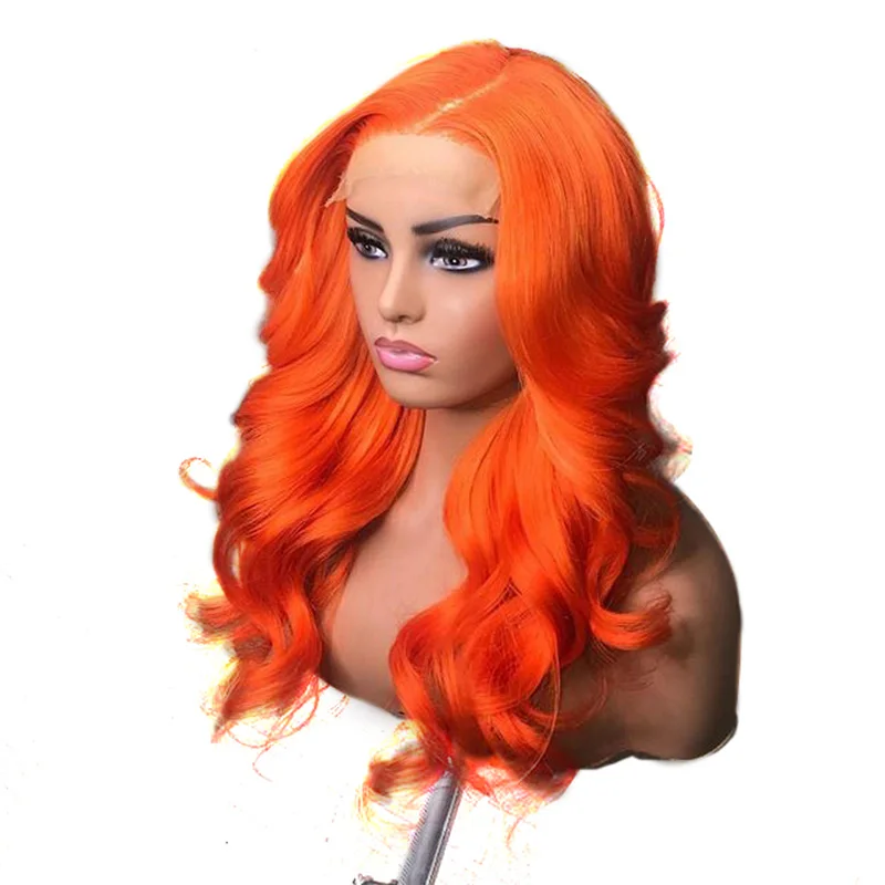 Body Wave Ombre Orange Color long deep part 13x6 Front lace wig Remy Hair Brazilian Human Hair Wigs With Baby Hai - Цвет волос: orange color