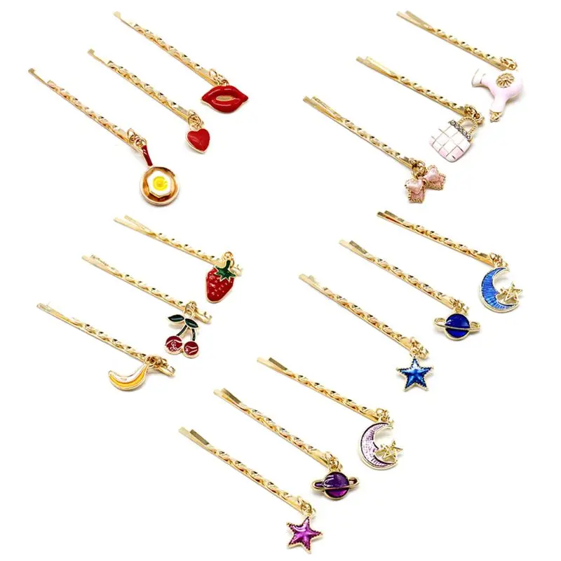 

3Pcs Japanese Metallic One Word Spiral Wavy Hairpin Sweet Girl Cute Moon Star Drop Oil Pendant Charms Hair Styling Clip Barrette