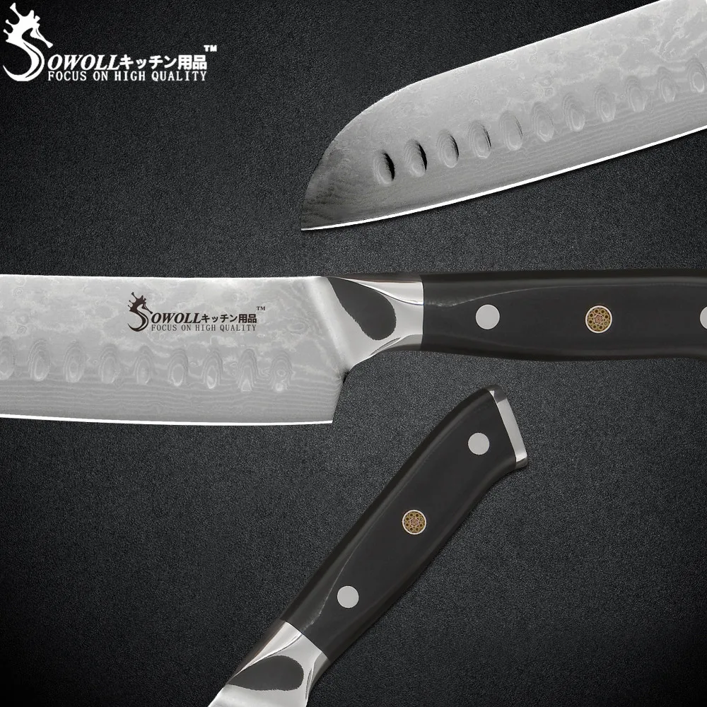 Sowoll 7 дюймов нож Santoku Дамасская сталь острое лезвие Нескользящая ручка фрукты