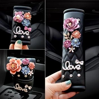

PU Leather Camellia Flowers Safety Belt Shoulder Pad Handbrake Grip and Gear Shift Collar Set Beautiful Car Interior Styling