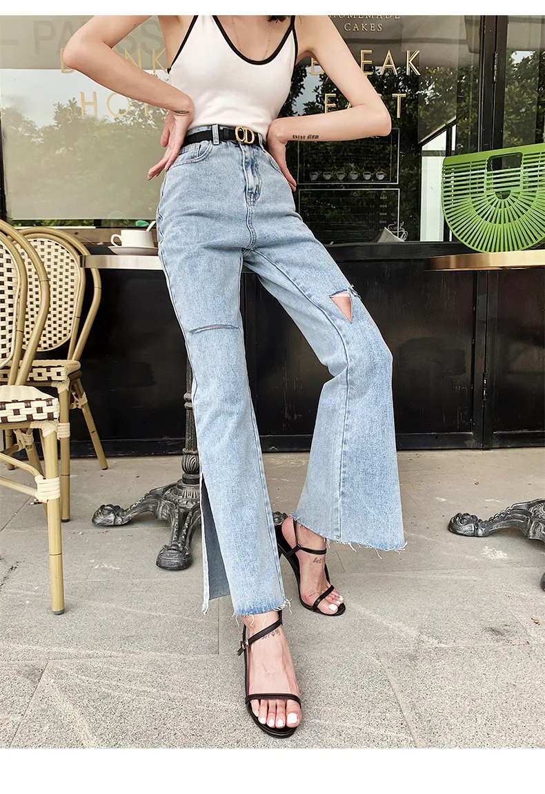 Модные офисные женские джинсы с высокой талией, женские широкие джинсы, однотонные рваные отбеленные джинсы, свободные брюки