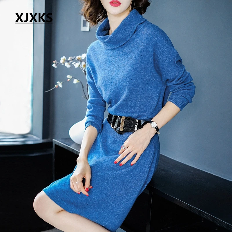 

XJXKS streetwear 2019 new fashion women turtleneck sweater dress 100% wool knitted comfort women dresses free shipping