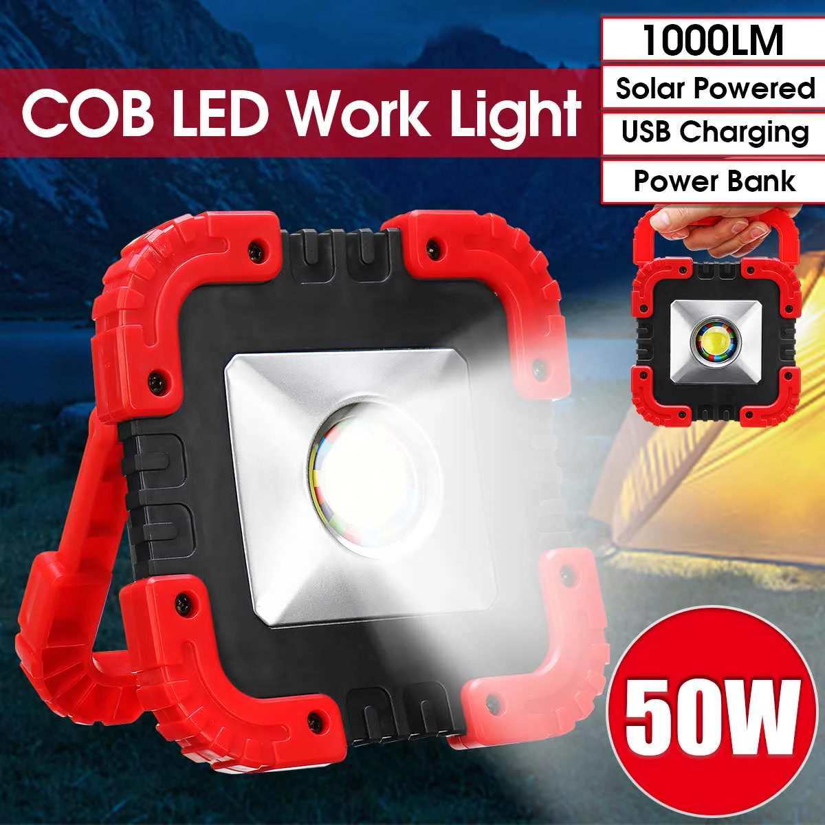 50W 1000LM LED COB Work Lamp Outdoor Camping Light USB Rechargeable Spotlight