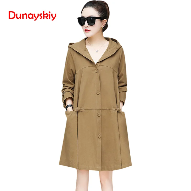 

A Line Loose Hooded Windbreaker Coats Female Long Spring and Autumn Cotton Casual Plus Size 3XL Single Breasted Trench Women