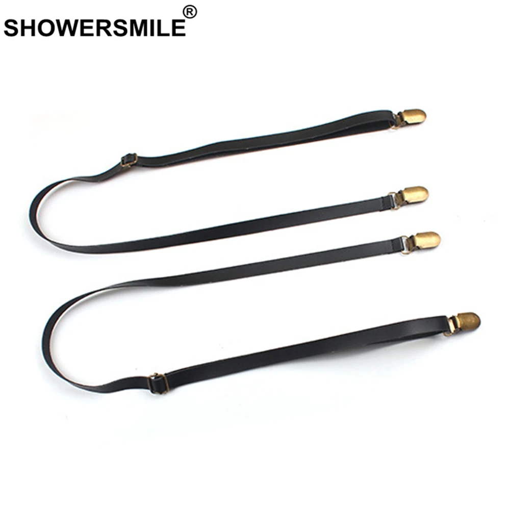 SHOWERSMILE, подтяжки для взрослых, подтяжки из искусственной кожи, женские, без крестов, 4 зажима, обтягивающие подтяжки для брюк, черные мужские подтяжки для брюк, 1,5 см