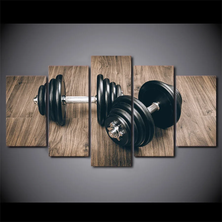 HD Printed 5 Piece Canvas Art Fitness Gym Sports Painting Dumbbells Wall Pictures for Living