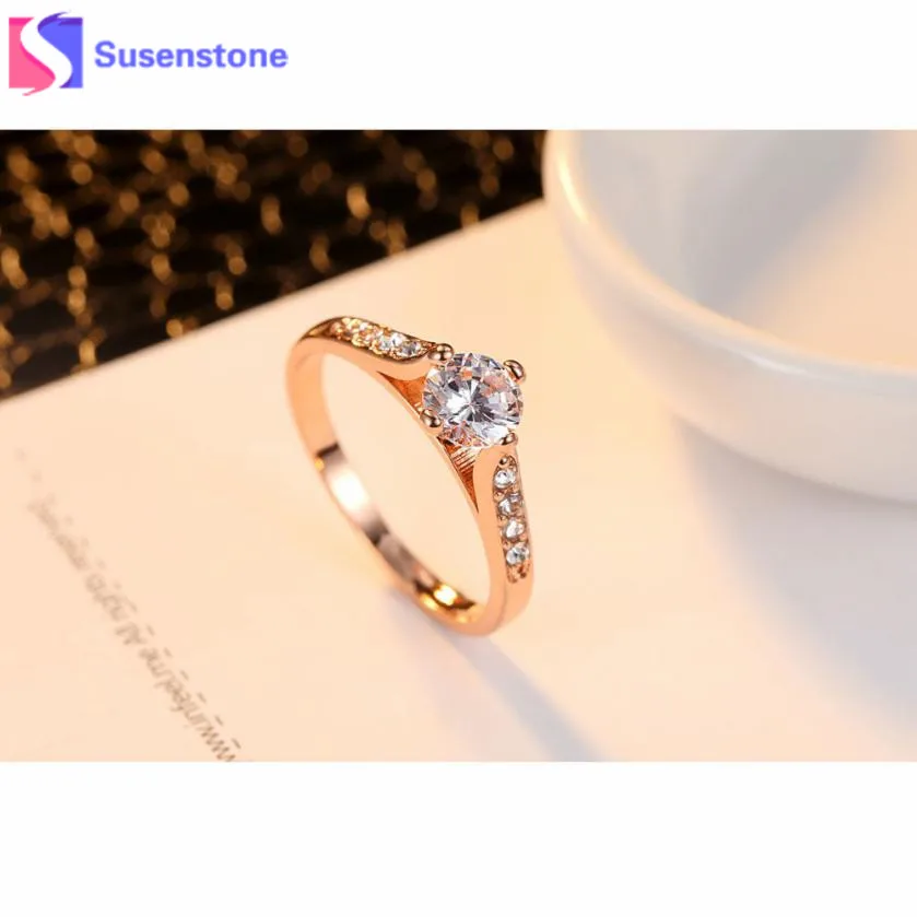 SUSENSTONE высокое качество Австрийские кристаллы Свадебные Кольца для женщин Цвет розового золота женские кольца для помолвки Anel Bijoux вечерние#910