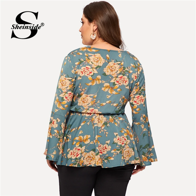 Sheinside زائد حجم الأزهار طباعة عقدة انتفض كم بلوزة المرأة كم طويل بوهو أعلى 2019 V الرقبة إمرأة قمم و البلوزات
