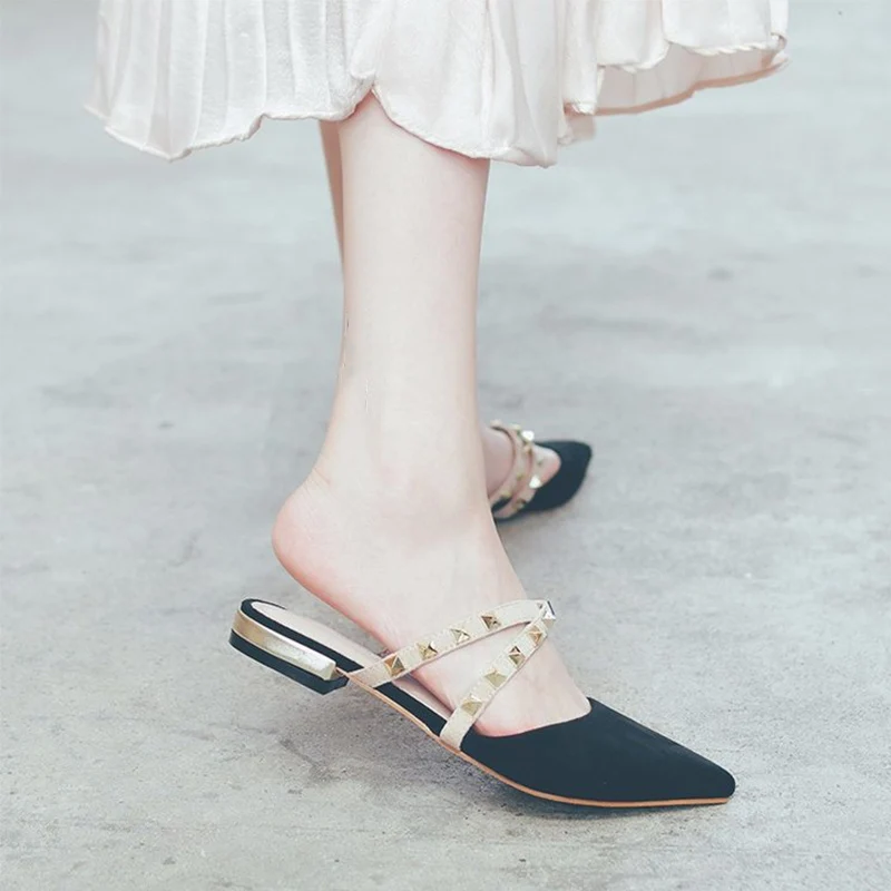 

Fashion Woman Rivet Slides Summer Pointed Toe Suede Slippers Female Outside Casual Sandals Shoes Low Heel Slippers 2019