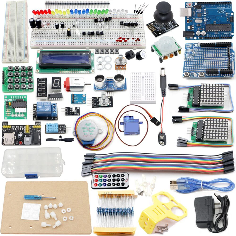 UNO Project The Most Complete Starter Kit with Tutorial, UNO R3, LCD1602, Power Supply, Servo, Stepper Motor,ect. frree shipping top selling high qualiy uno r3 starter kit 1602 lcd dot matrix breadboard led resistor hot selling