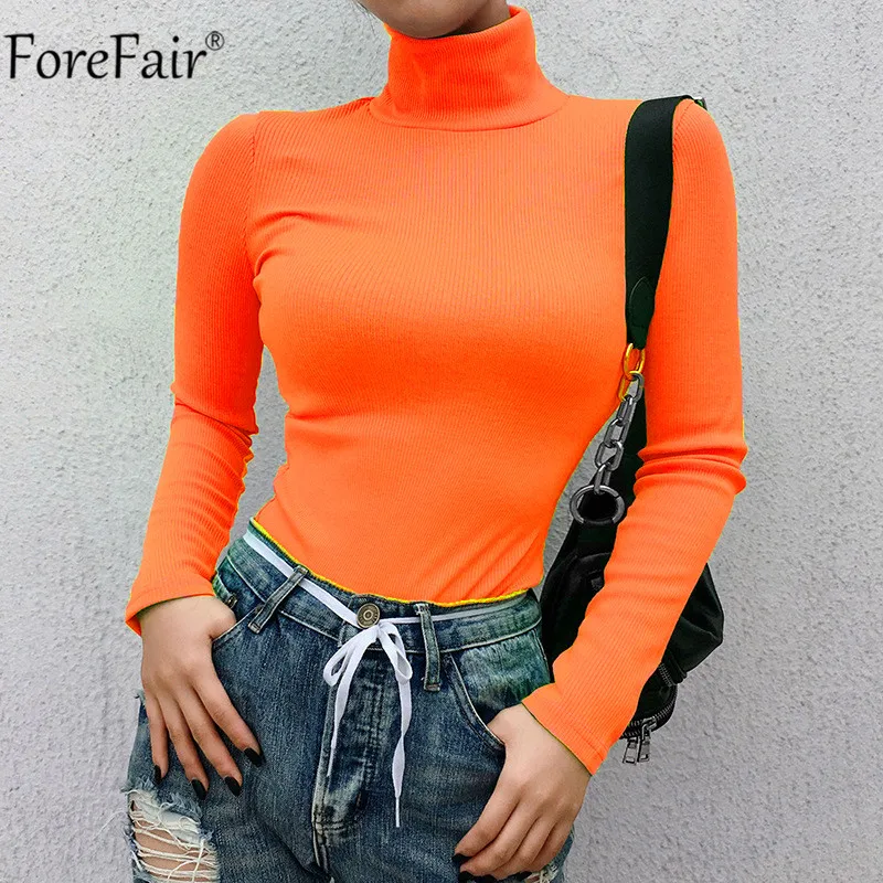 

Forefair Ribbed Autumn Winter Neon T Shirt Women Long Sleeve Turtleneck Tshirt Fashion Knitted Tops Tee Femme