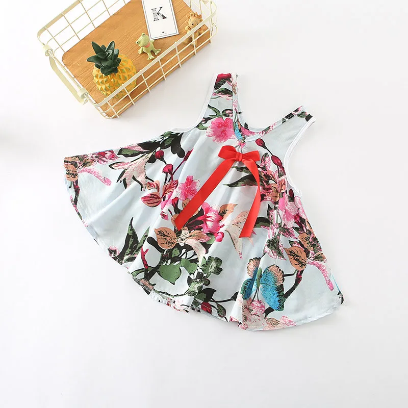 

2018 New arrival girls summer Fashion printed dress with bow kids floral dresses flower girl dresses 5079