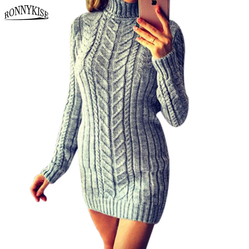 

RONNYKISE Autumn and Winter Knitted Sweater Dress Women Fashion Twist Slim Fit Turtlneck Sweaters Pullovers Winter Clothes Women
