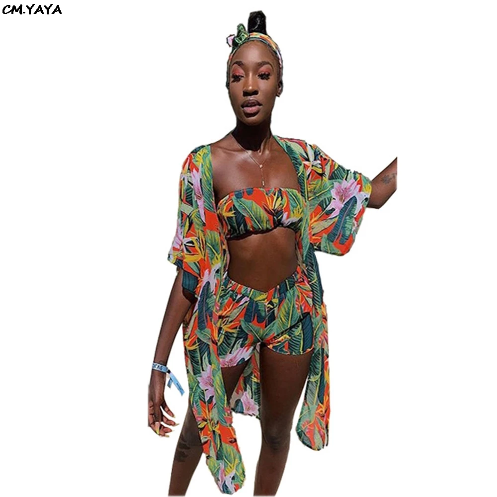 

2019 women summer beach leaf print strapless knee length cloak top & shorts three piece suit sexy swimsuit bikinis set GLMZ1622