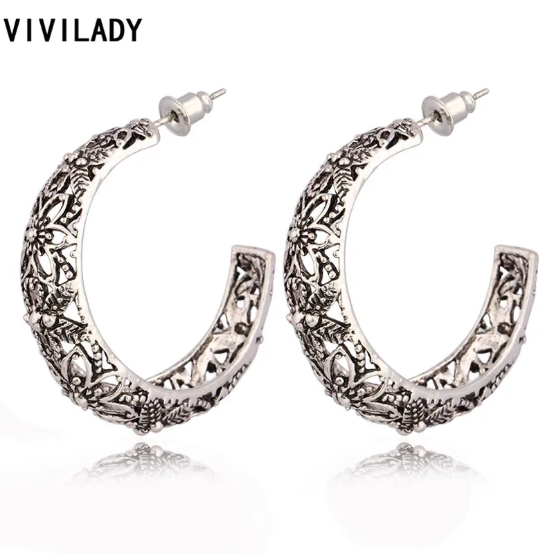 

VIVILADY 2017 Most Popular Hot Retro Silver Color Flower Leaf Totem Hoop Earrings Jewelry Accessory Mother Day Women Party Gifts